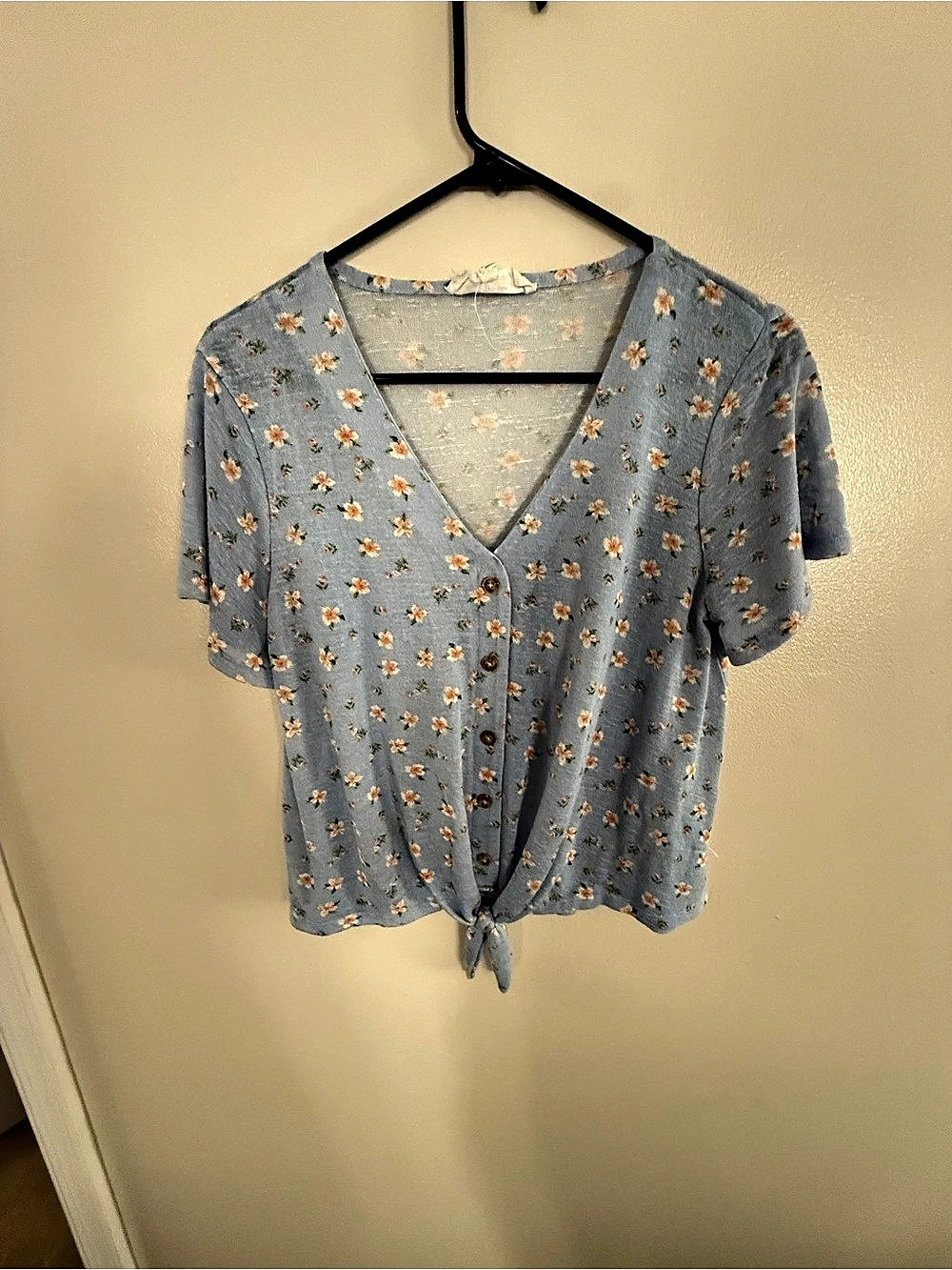 Hippie Rose Floral Tie-Front Blouse in Blue Size Large